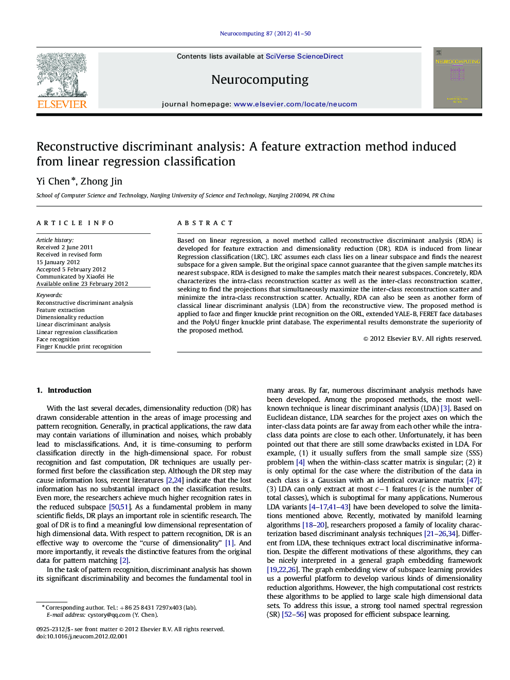 Reconstructive discriminant analysis: A feature extraction method induced from linear regression classification