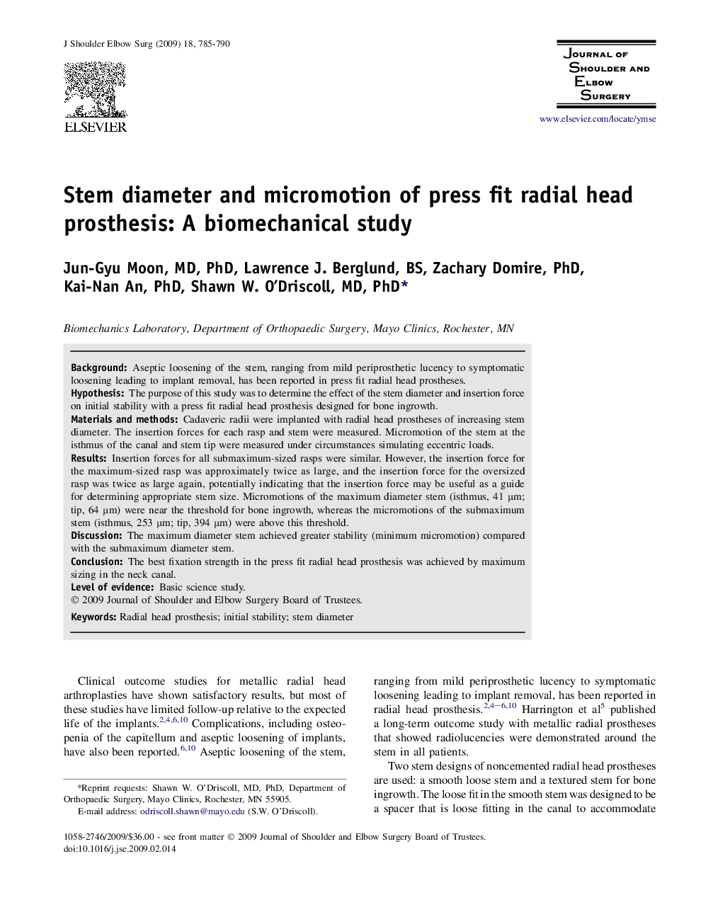 Stem diameter and micromotion of press fit radial head prosthesis: A biomechanical study