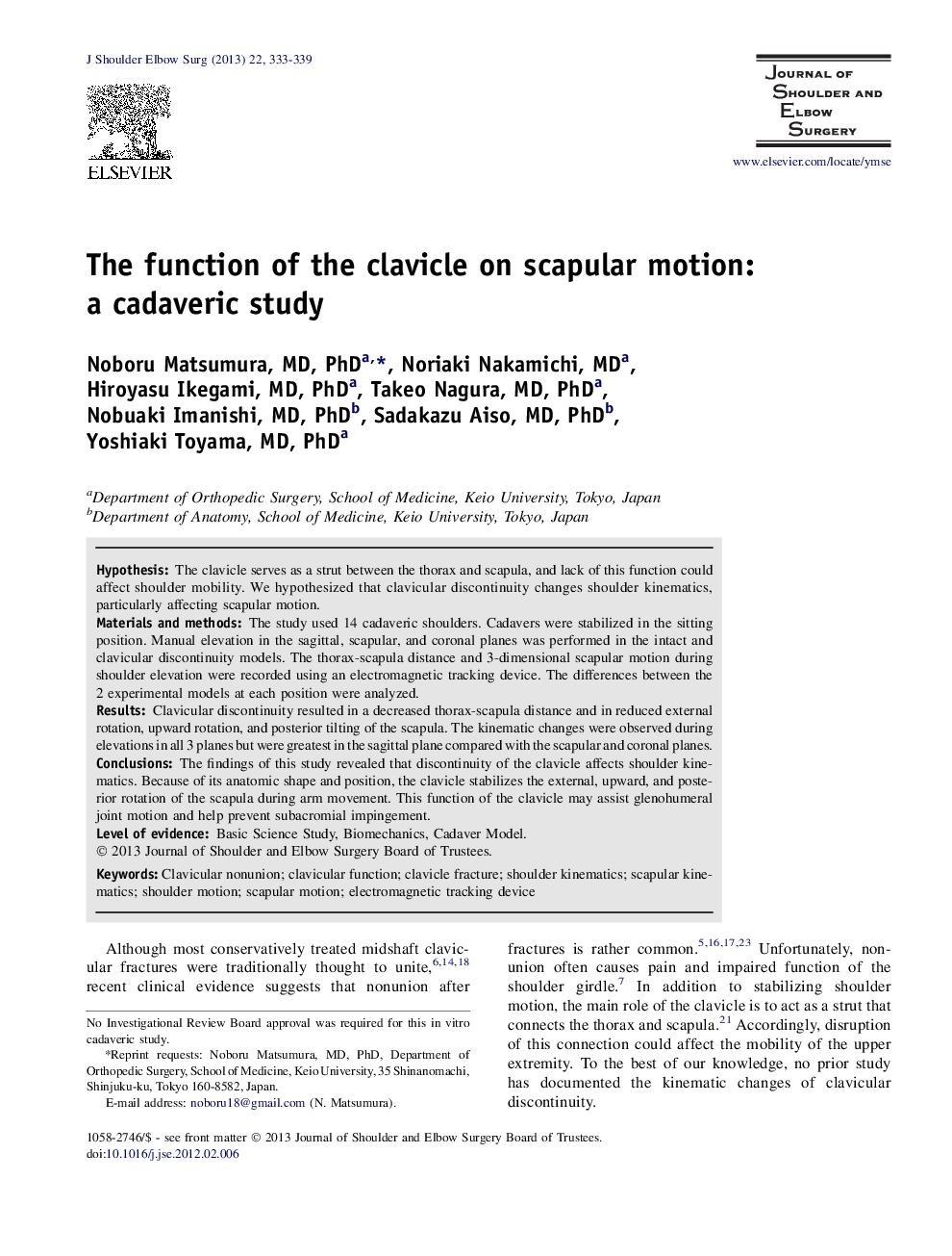 The function of the clavicle on scapular motion: a cadaveric study 