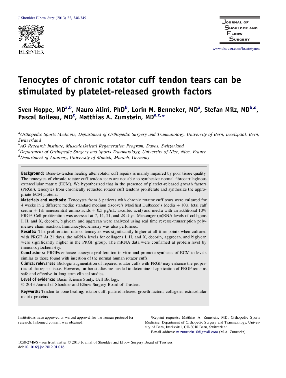 Tenocytes of chronic rotator cuff tendon tears can be stimulated by platelet-released growth factors 