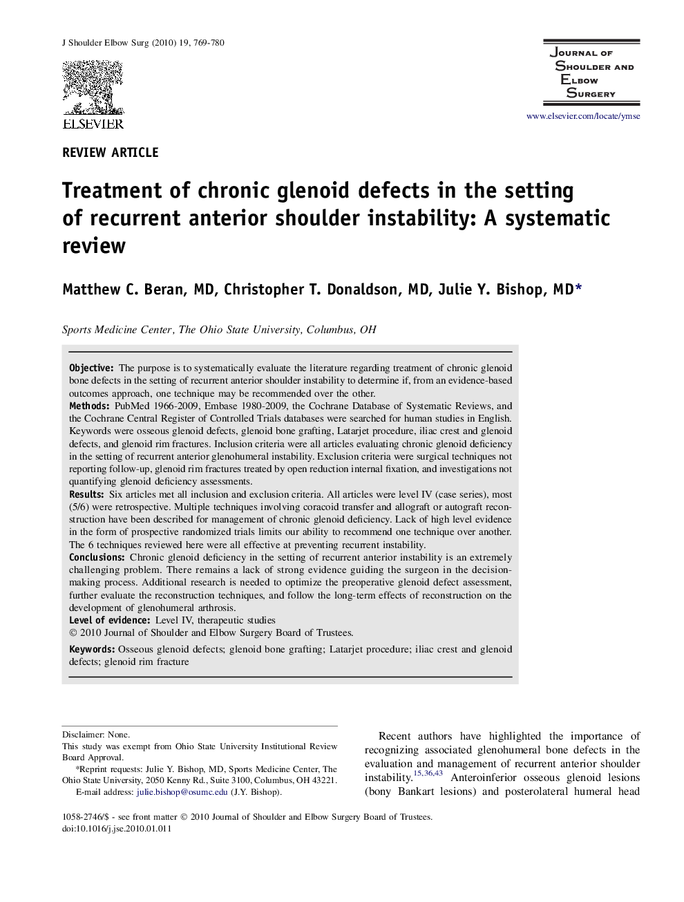 Treatment of chronic glenoid defects in the setting of recurrent anterior shoulder instability: A systematic review 