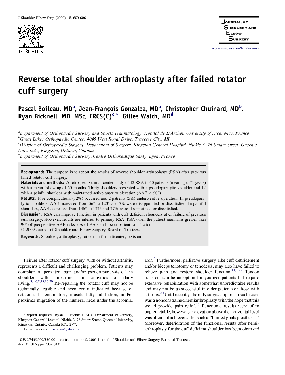 Reverse total shoulder arthroplasty after failed rotator cuff surgery