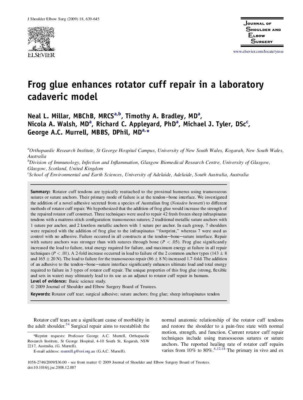 Frog glue enhances rotator cuff repair in a laboratory cadaveric model