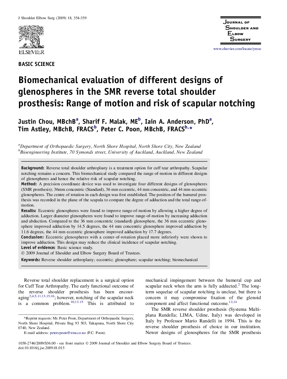 Biomechanical evaluation of different designs of glenospheres in the SMR reverse total shoulder prosthesis: Range of motion and risk of scapular notching