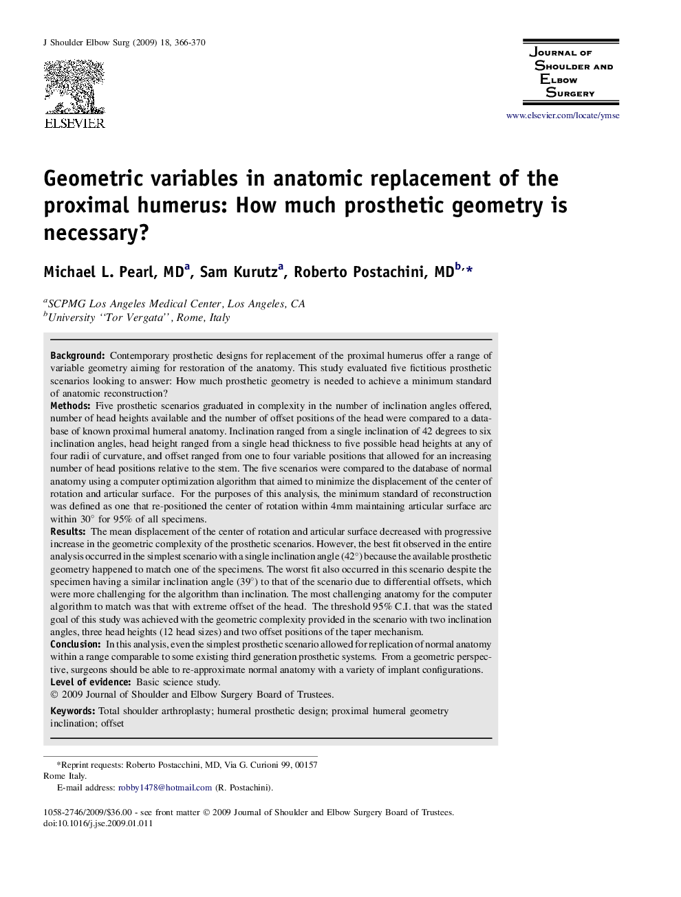 Geometric variables in anatomic replacement of the proximal humerus: How much prosthetic geometry is necessary?