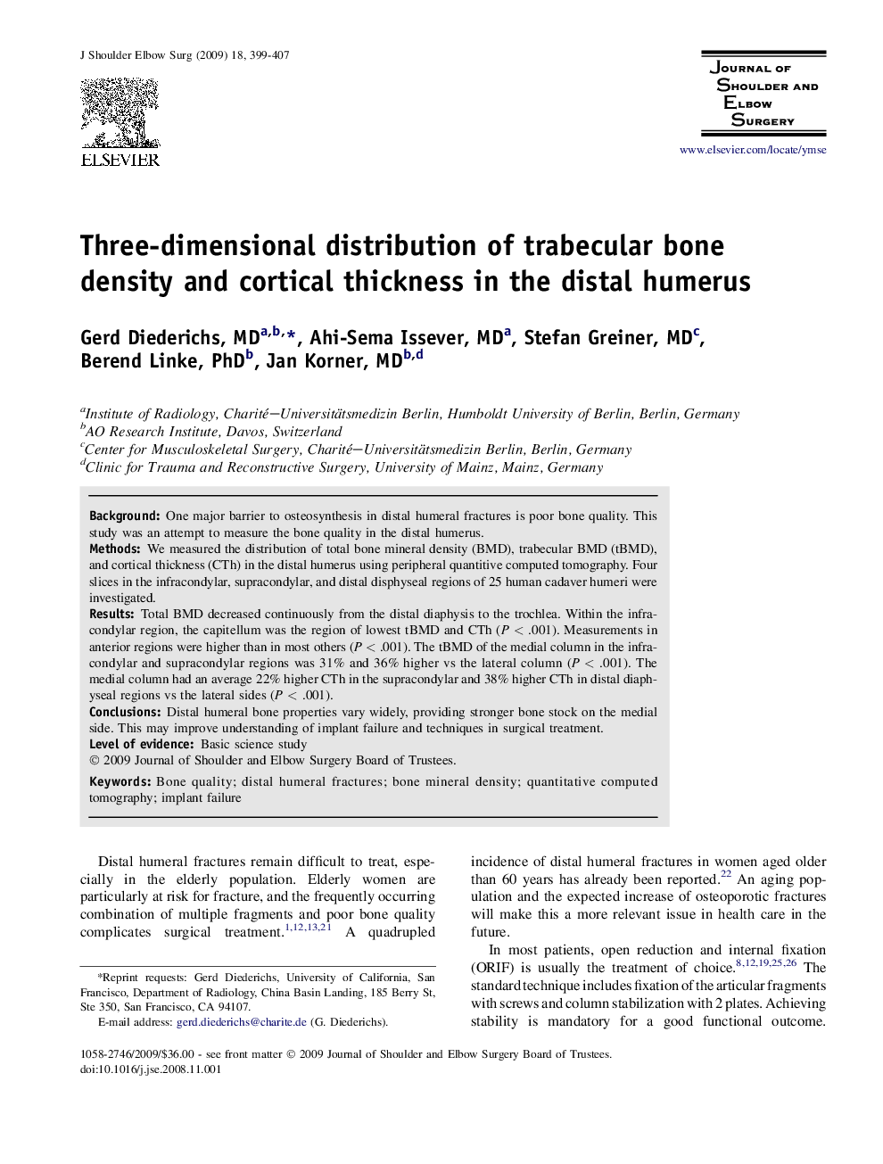 Three-dimensional distribution of trabecular bone density and cortical thickness in the distal humerus