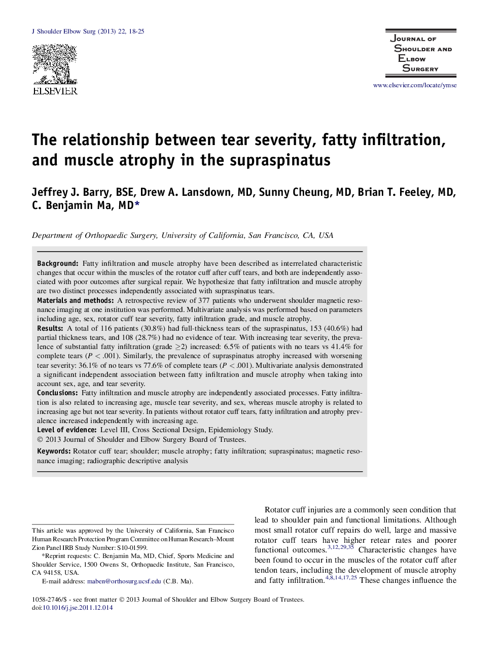 The relationship between tear severity, fatty infiltration, and muscle atrophy in the supraspinatus 