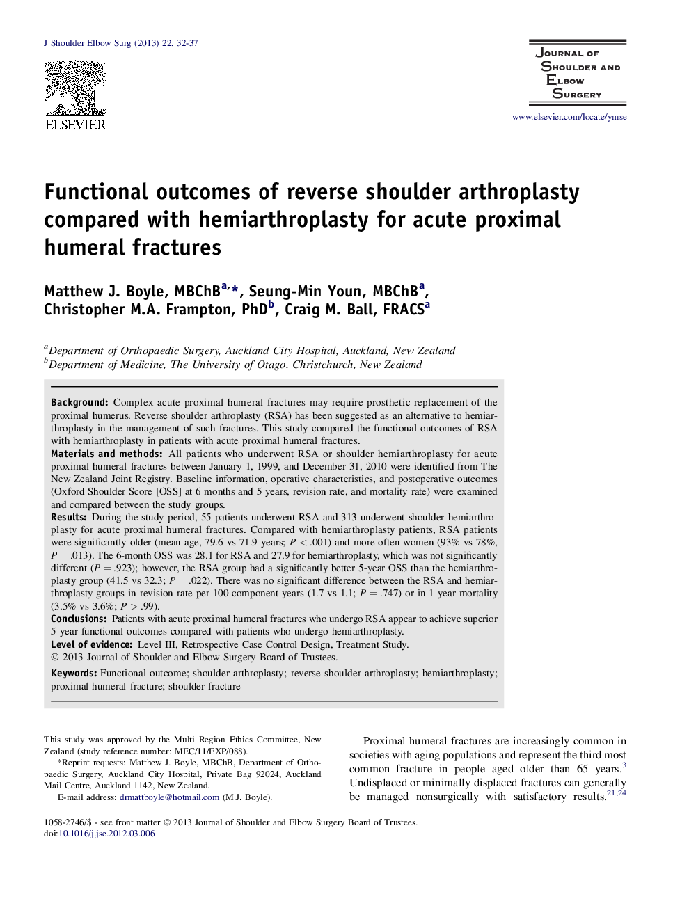Functional outcomes of reverse shoulder arthroplasty compared with hemiarthroplasty for acute proximal humeral fractures 