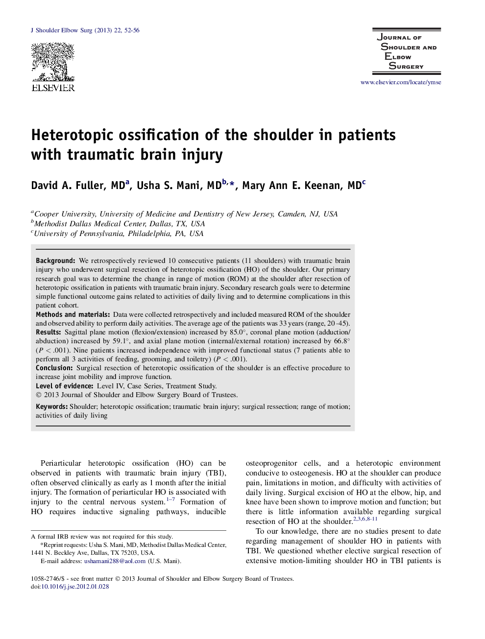 Heterotopic ossification of the shoulder in patients with traumatic brain injury 