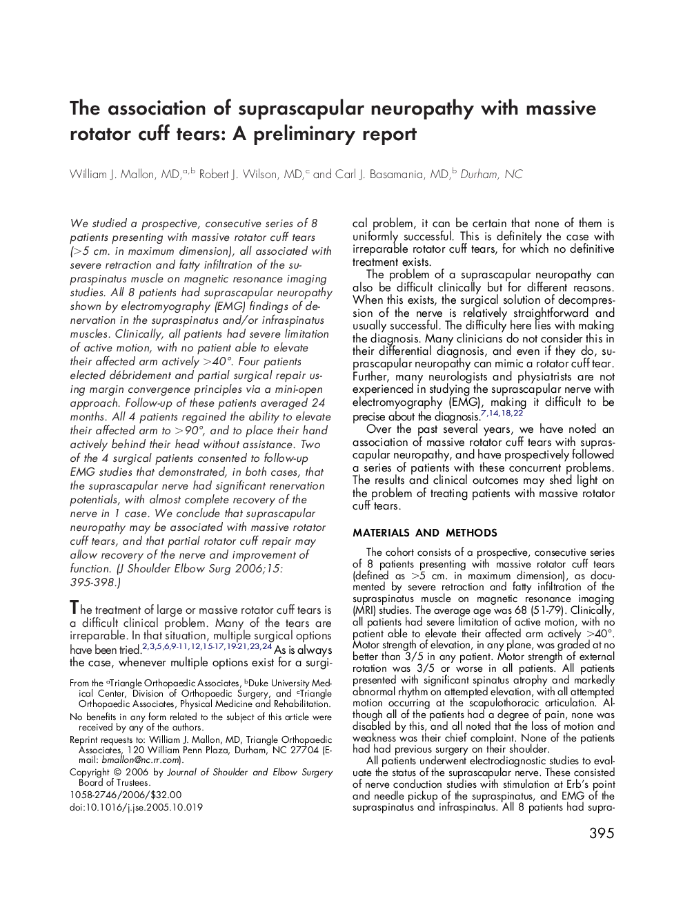 The association of suprascapular neuropathy with massive rotator cuff tears: A preliminary report 