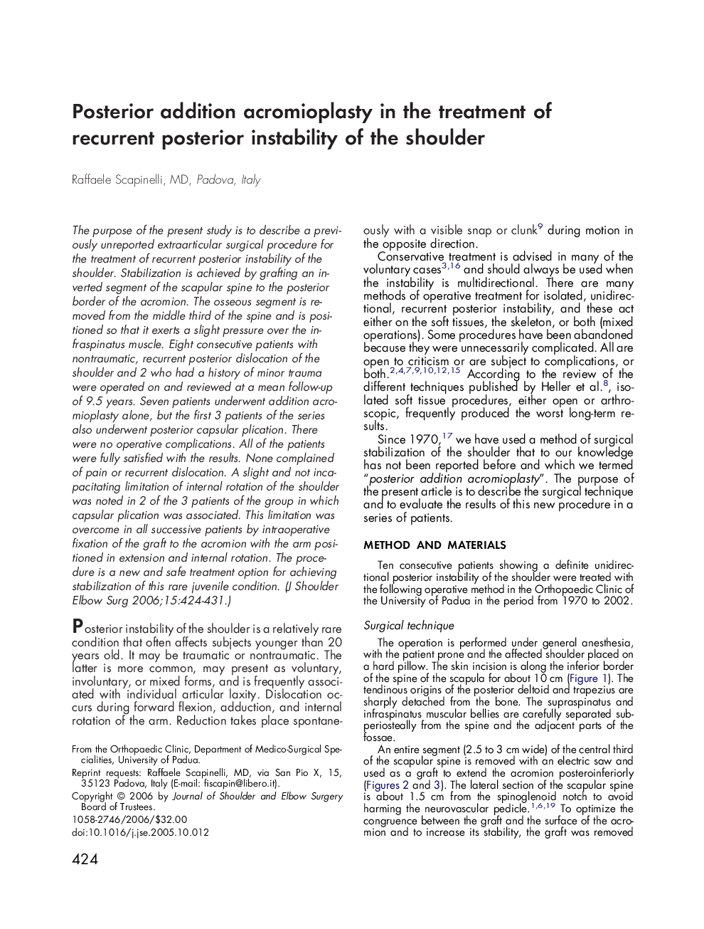 Posterior addition acromioplasty in the treatment of recurrent posterior instability of the shoulder