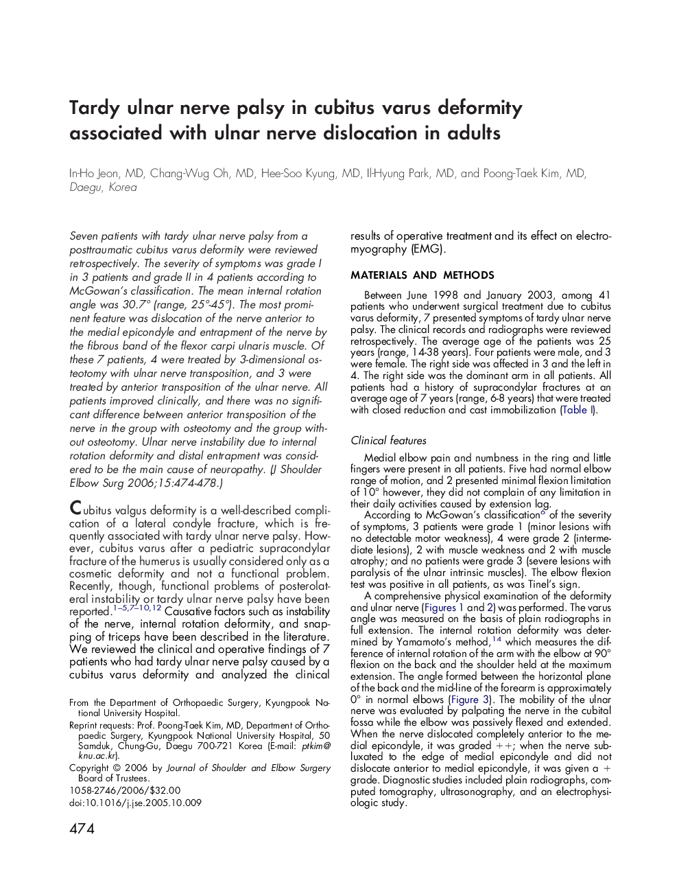 Tardy ulnar nerve palsy in cubitus varus deformity associated with ulnar nerve dislocation in adults
