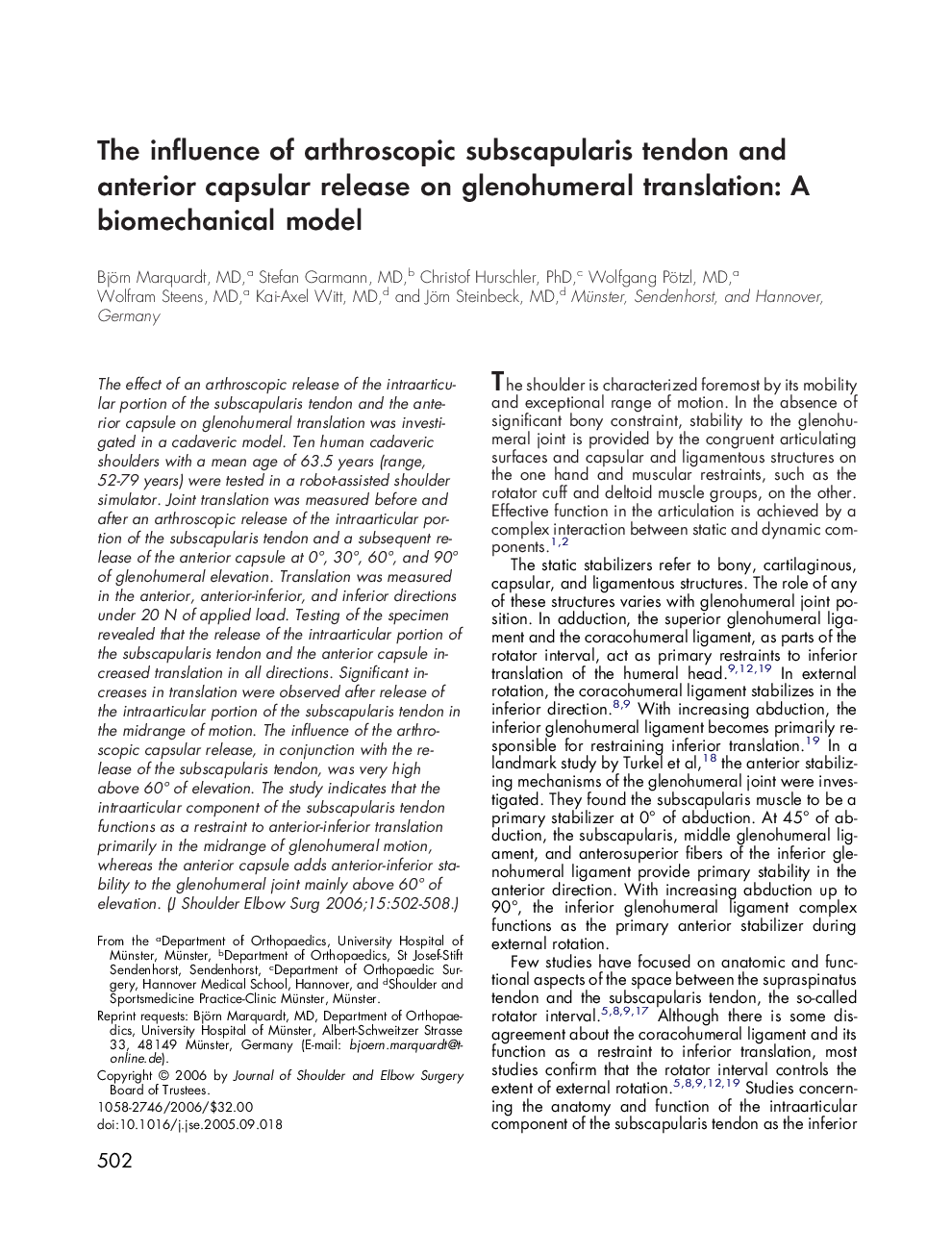 The influence of arthroscopic subscapularis tendon and anterior capsular release on glenohumeral translation: A biomechanical model
