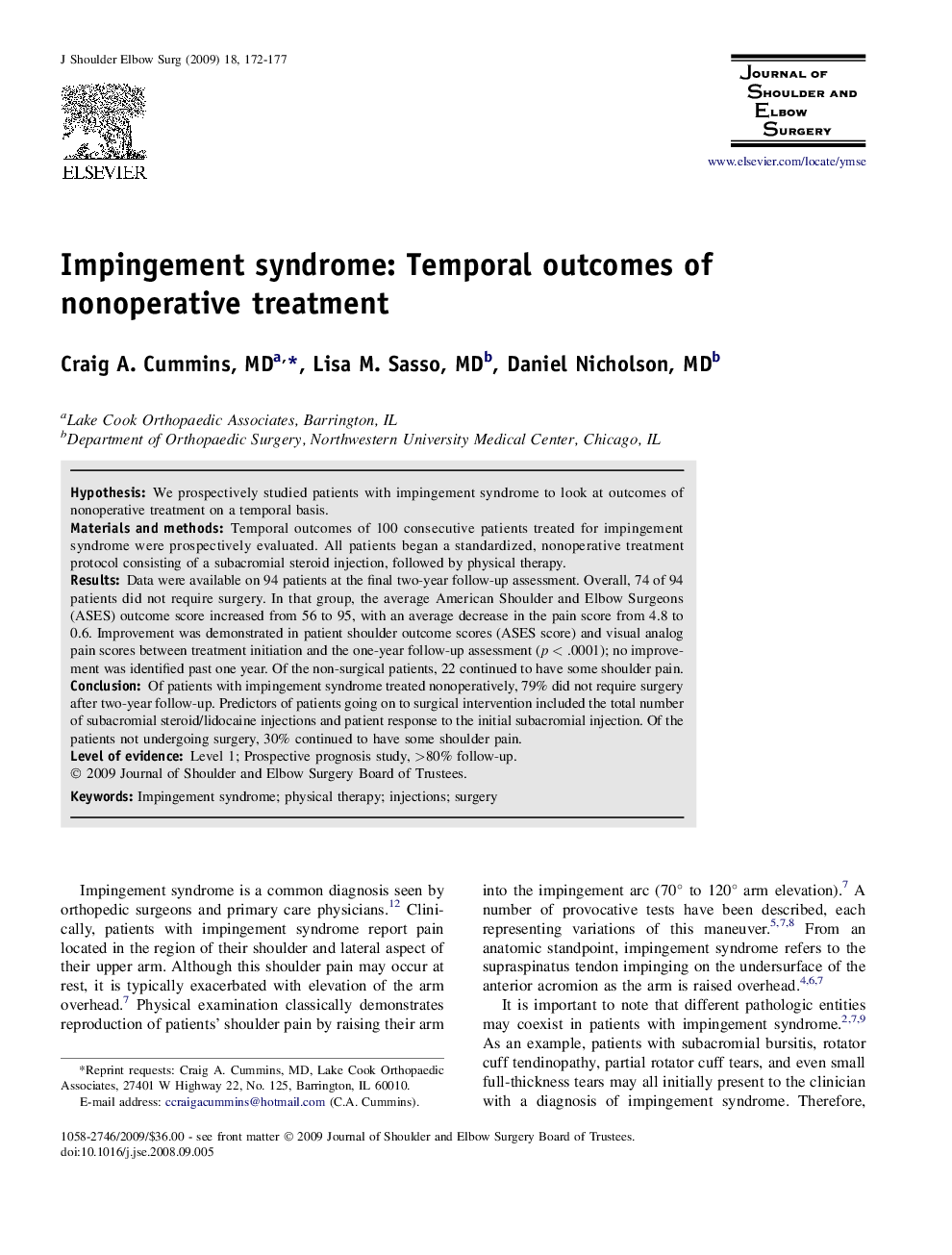 Impingement syndrome: Temporal outcomes of nonoperative treatment