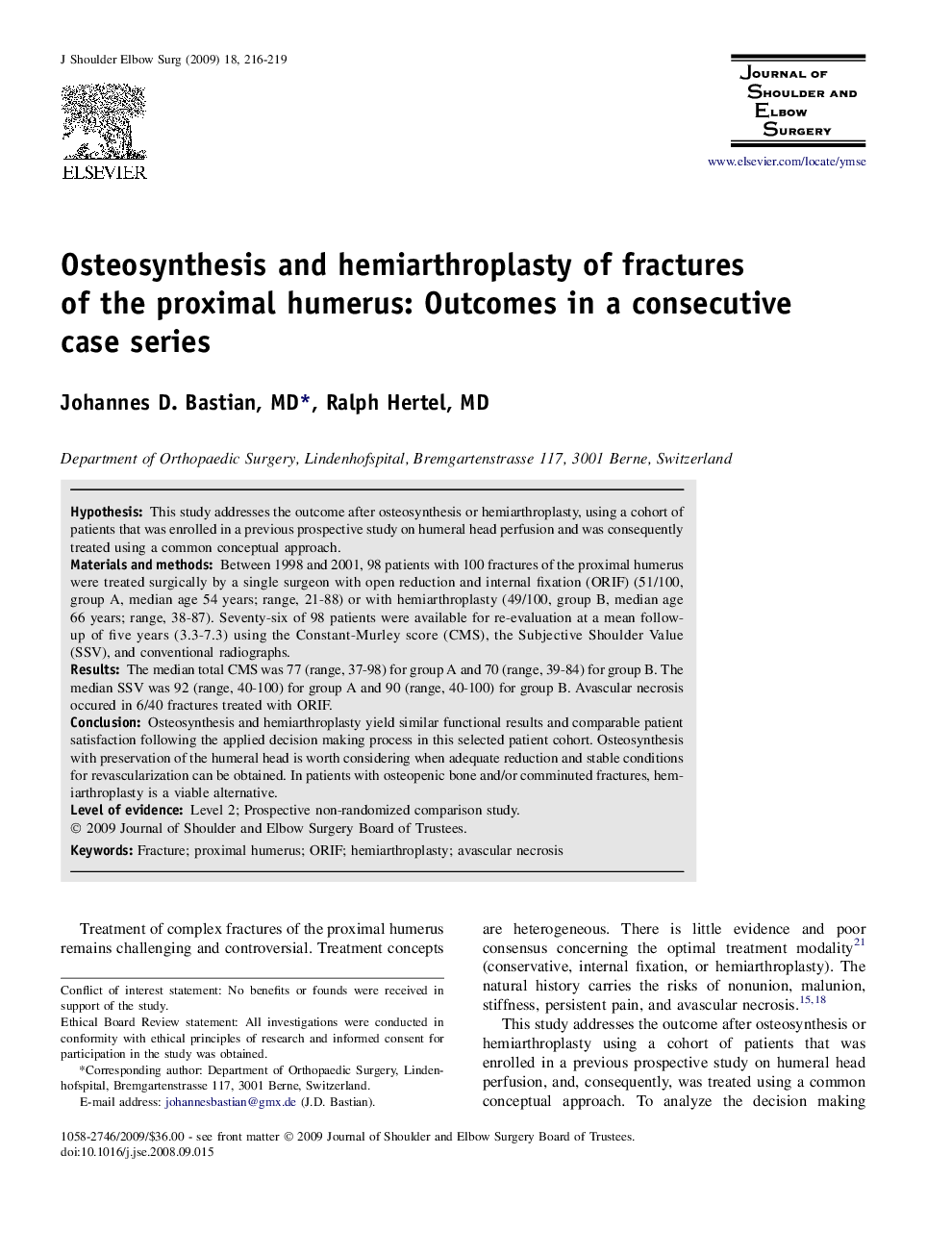 Osteosynthesis and hemiarthroplasty of fractures of the proximal humerus: Outcomes in a consecutive case series 