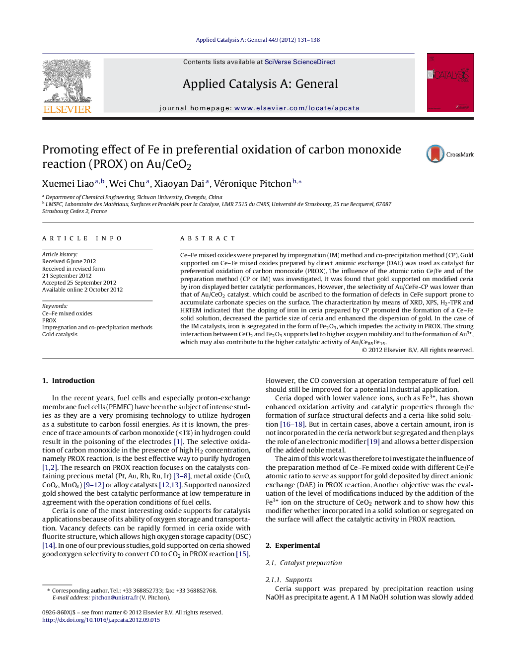 Promoting effect of Fe in preferential oxidation of carbon monoxide reaction (PROX) on Au/CeO2