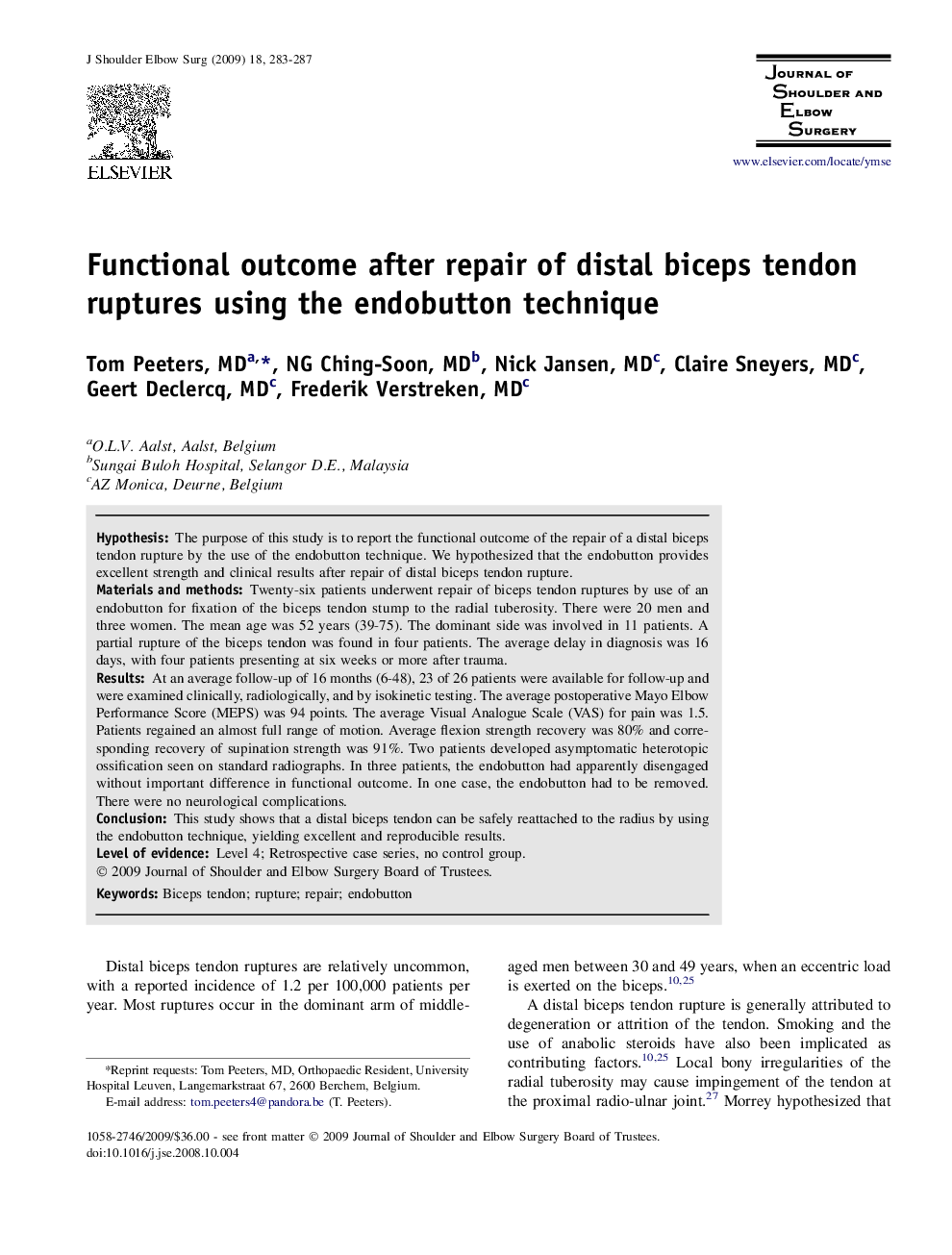 Functional outcome after repair of distal biceps tendon ruptures using the endobutton technique