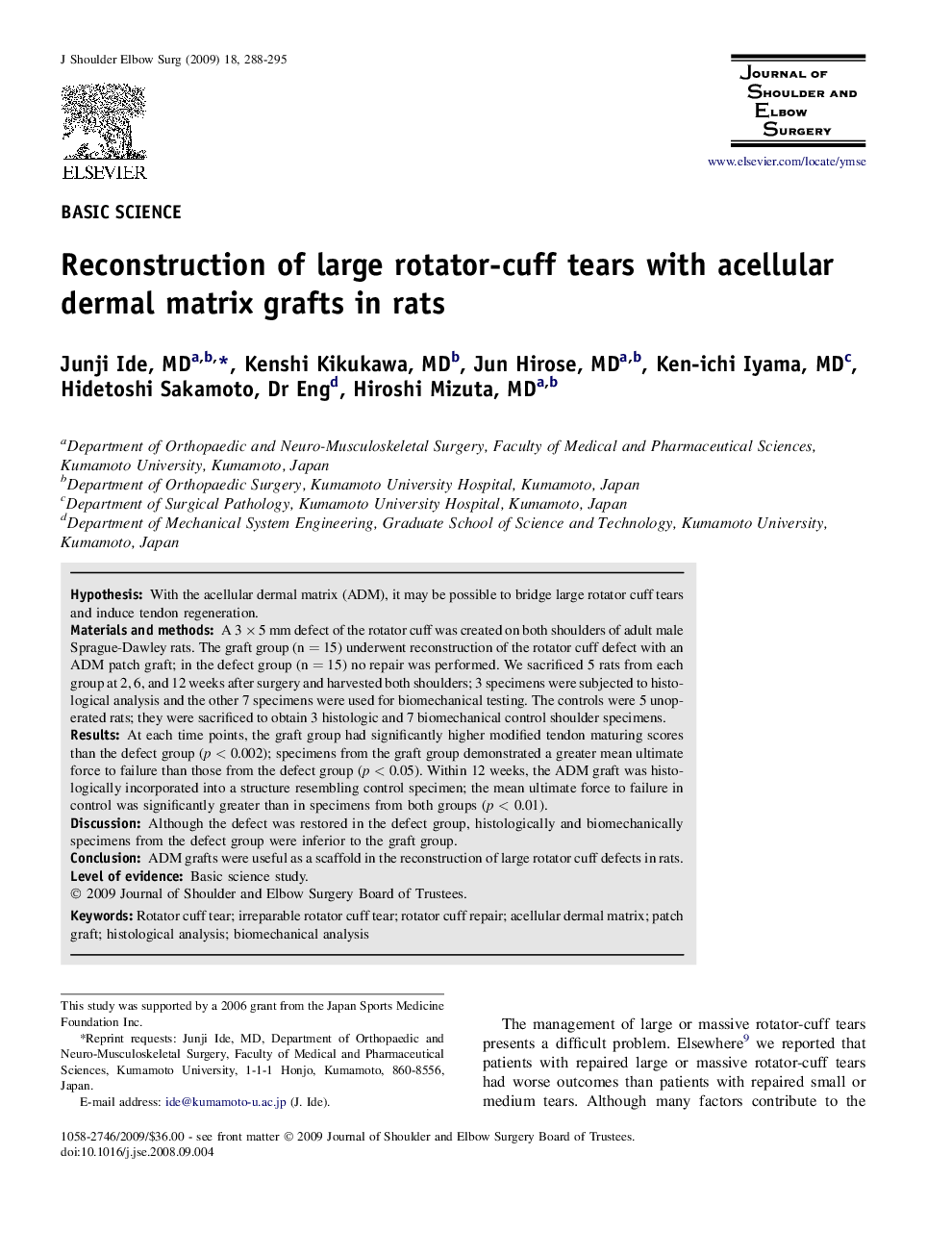 Reconstruction of large rotator-cuff tears with acellular dermal matrix grafts in rats 