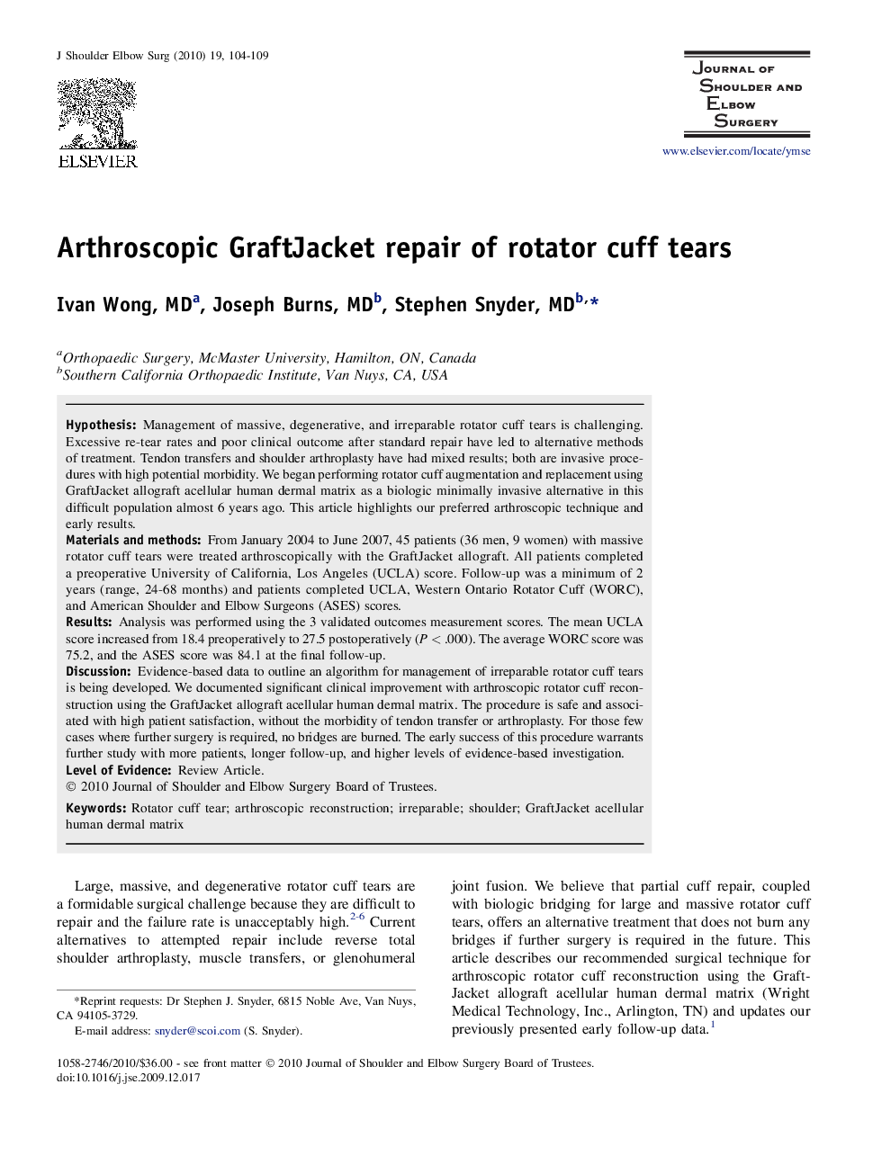 Arthroscopic GraftJacket repair of rotator cuff tears