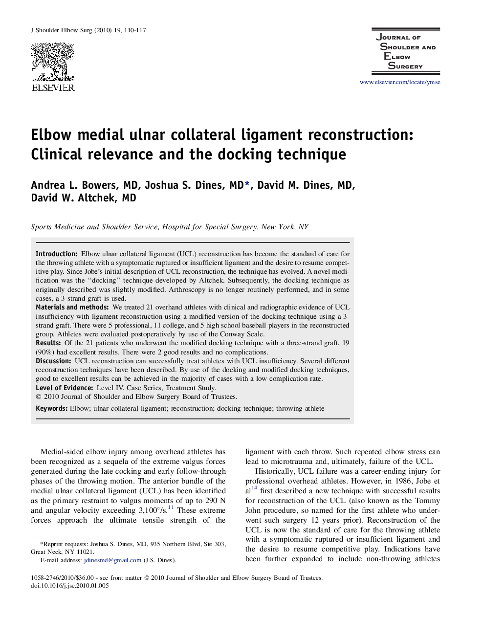 Elbow medial ulnar collateral ligament reconstruction: Clinical relevance and the docking technique