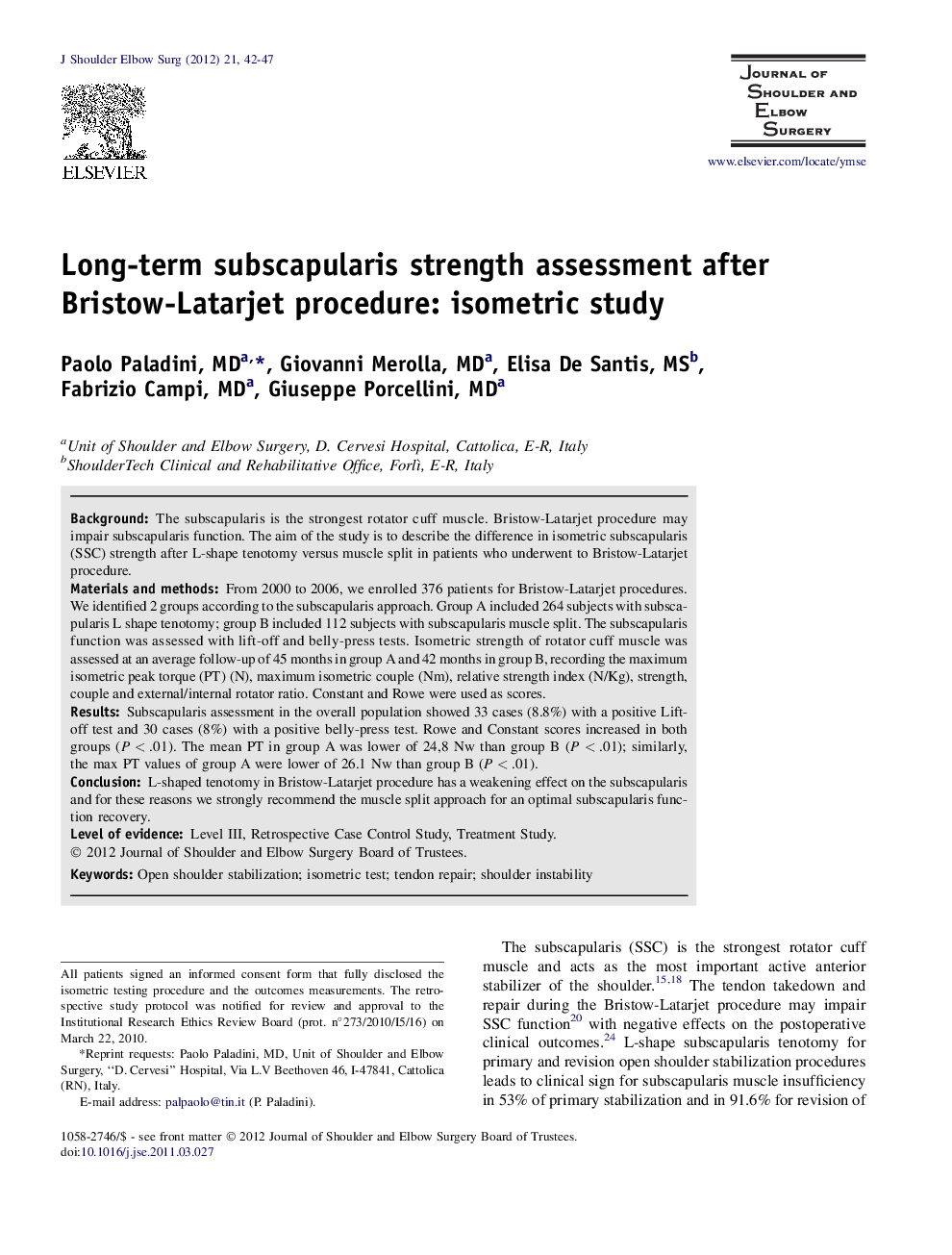 Long-term subscapularis strength assessment after Bristow-Latarjet procedure: isometric study 