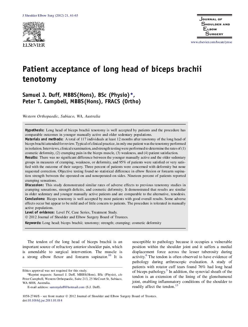 Patient acceptance of long head of biceps brachii tenotomy 