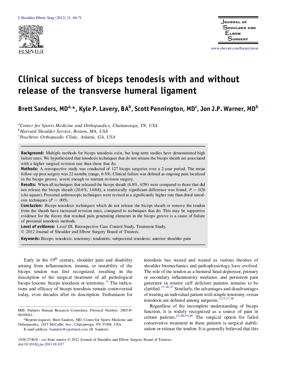 Clinical success of biceps tenodesis with and without release of the transverse humeral ligament 