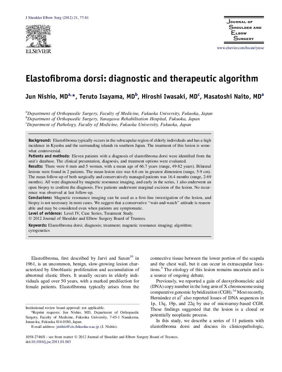 Elastofibroma dorsi: diagnostic and therapeutic algorithm 