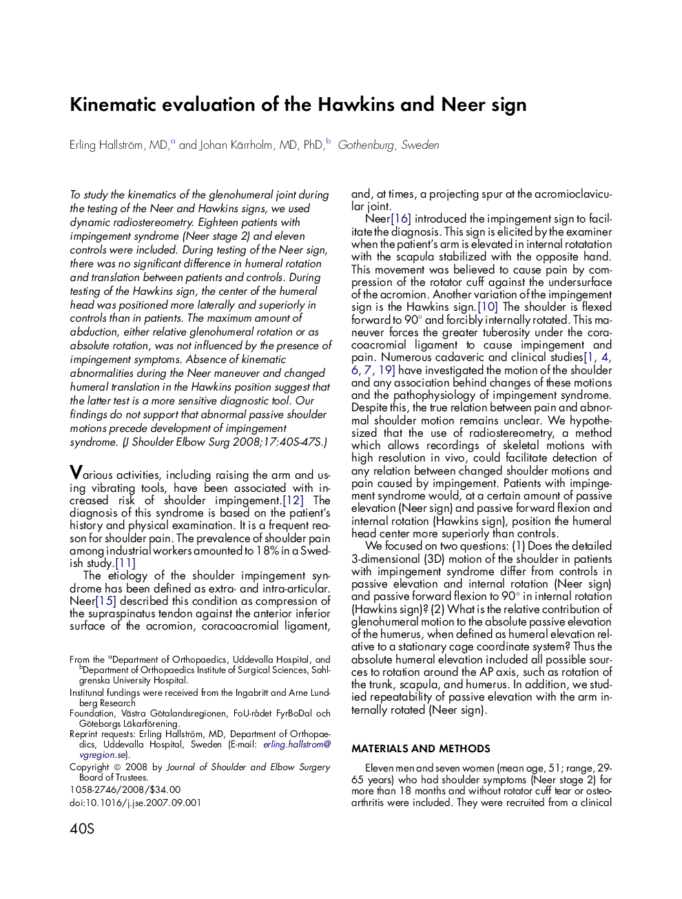 Kinematic evaluation of the Hawkins and Neer sign 