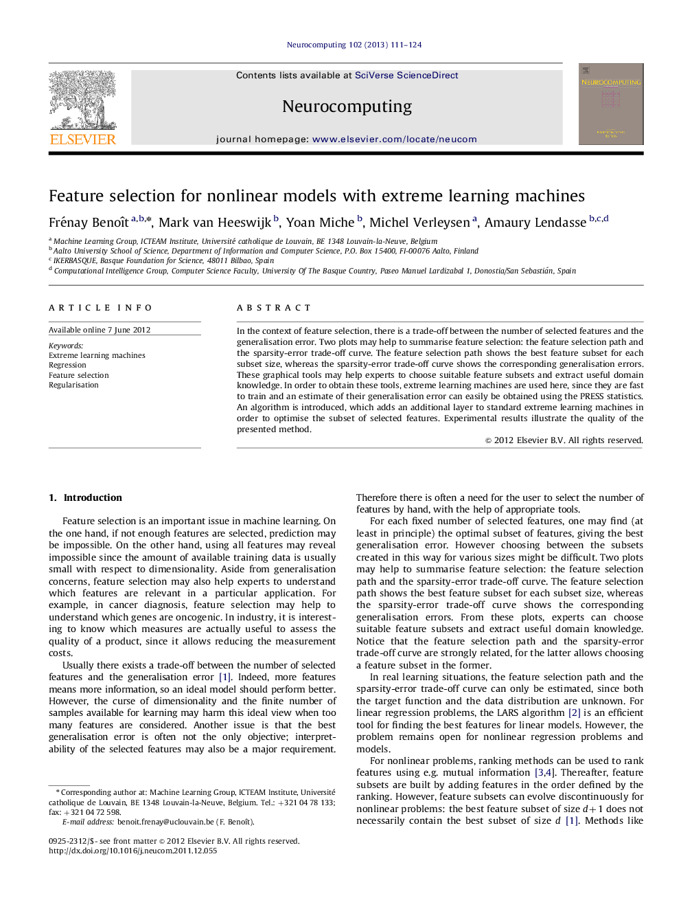 Feature selection for nonlinear models with extreme learning machines