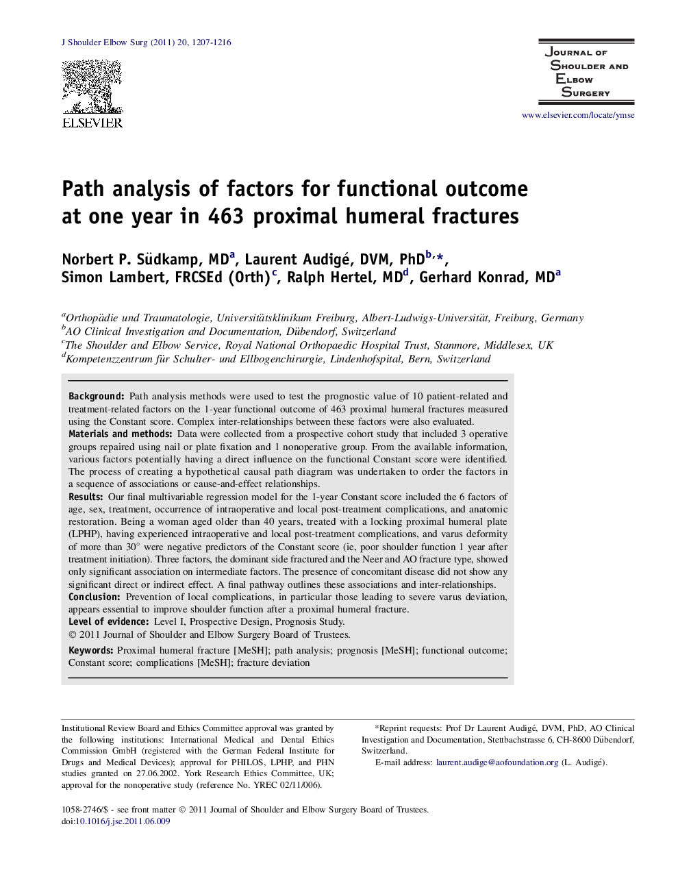عکس صفحه اول مقاله: Path analysis of factors for functional outcome at one year in 463 proximal humeral fractures Path analysis of factors for functional outcome at one year in 463 proximal humeral fractures