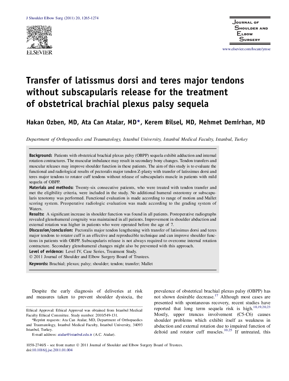 Transfer of latissmus dorsi and teres major tendons without subscapularis release for the treatment of obstetrical brachial plexus palsy sequela 