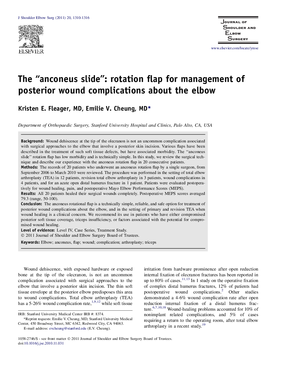 The “anconeus slide”: rotation flap for management of posterior wound complications about the elbow 