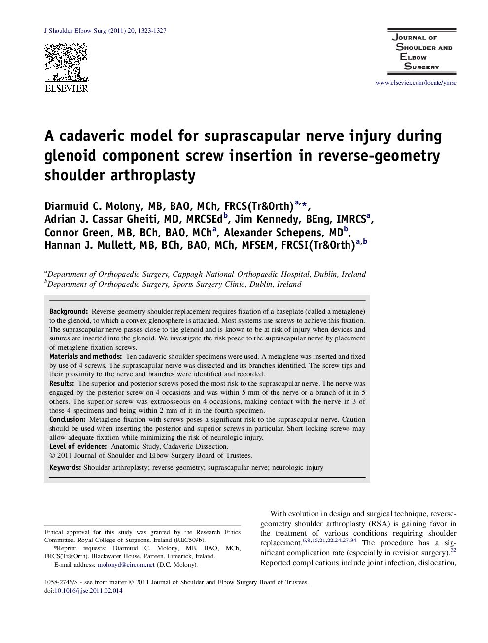 A cadaveric model for suprascapular nerve injury during glenoid component screw insertion in reverse-geometry shoulder arthroplasty 