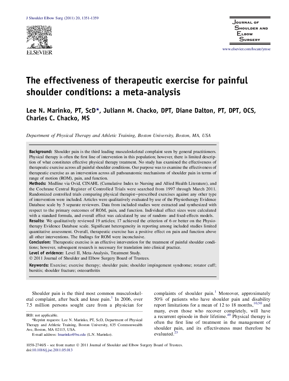 The effectiveness of therapeutic exercise for painful shoulder conditions: a meta-analysis 