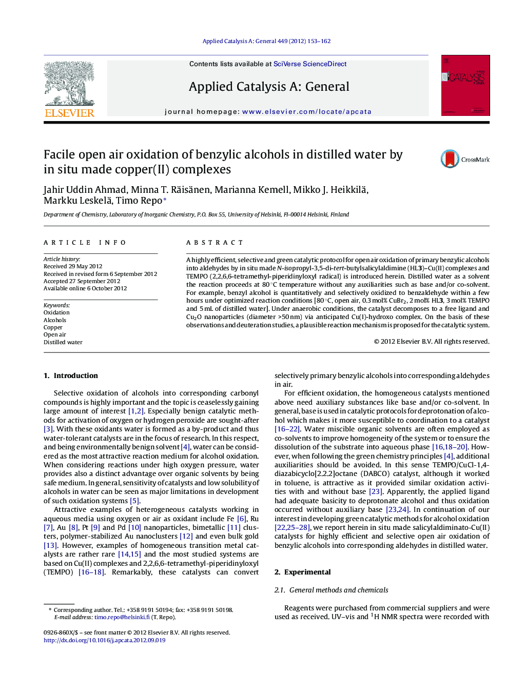 Facile open air oxidation of benzylic alcohols in distilled water by in situ made copper(II) complexes