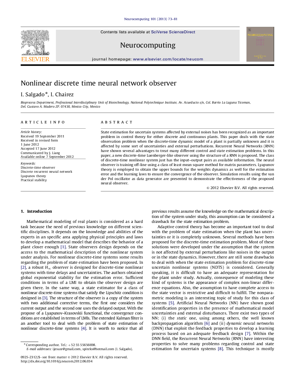 Nonlinear discrete time neural network observer