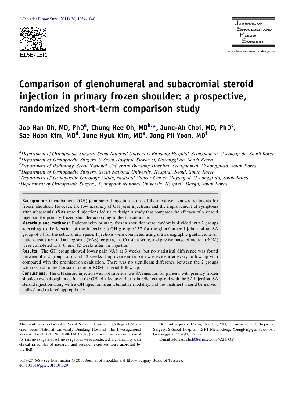 Comparison of glenohumeral and subacromial steroid injection in primary frozen shoulder: a prospective, randomized short-term comparison study 