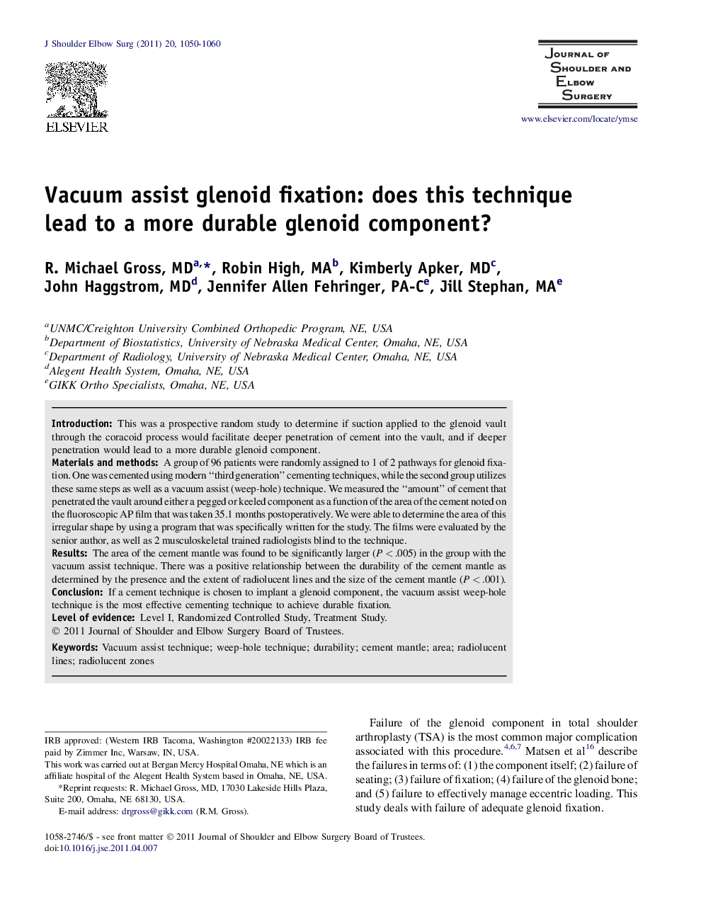 Vacuum assist glenoid fixation: does this technique lead to a more durable glenoid component? 