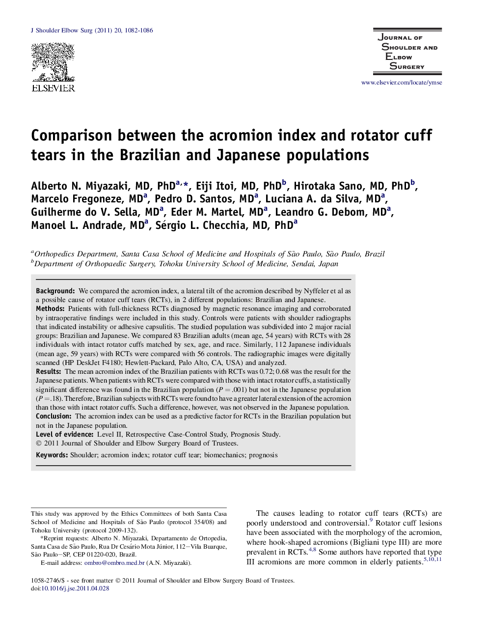 Comparison between the acromion index and rotator cuff tears in the Brazilian and Japanese populations 