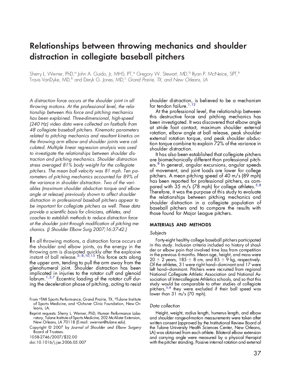 Relationships between throwing mechanics and shoulder distraction in collegiate baseball pitchers