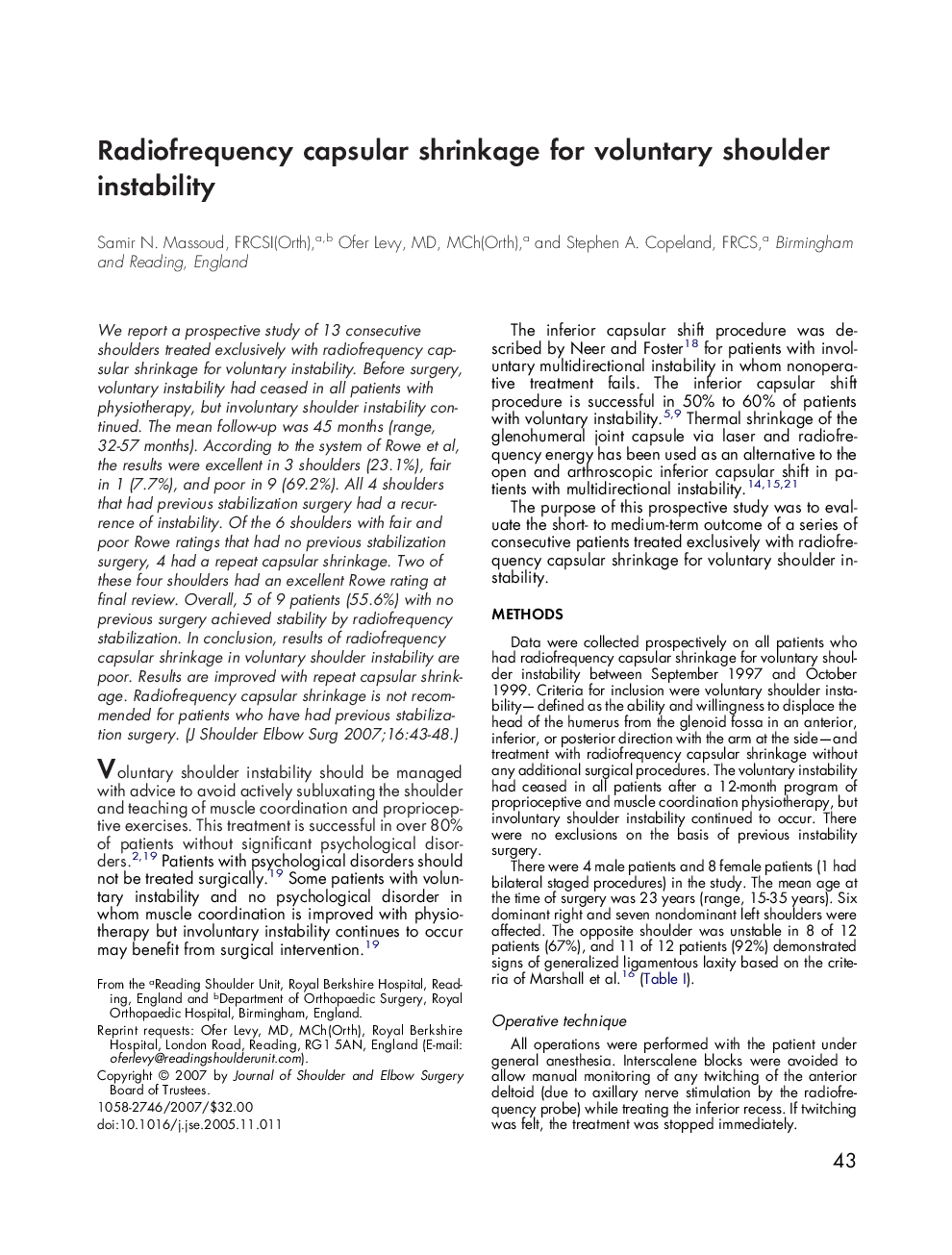 Radiofrequency capsular shrinkage for voluntary shoulder instability