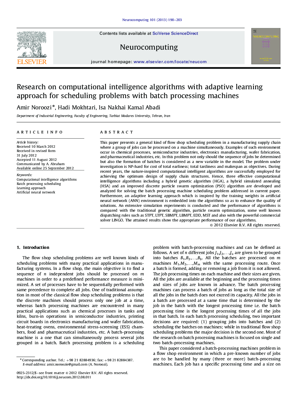 Research on computational intelligence algorithms with adaptive learning approach for scheduling problems with batch processing machines