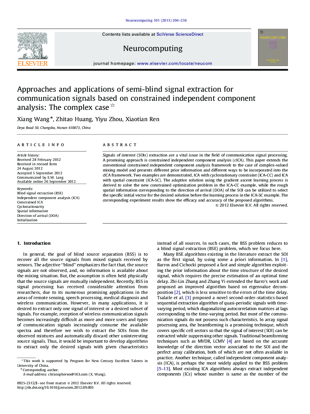 Approaches and applications of semi-blind signal extraction for communication signals based on constrained independent component analysis: The complex case 