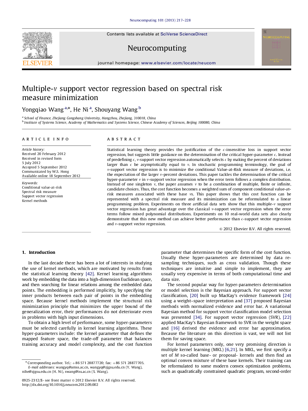 عکس صفحه اول مقاله: Multiple-νν support vector regression based on spectral risk measure minimization Multiple-νν support vector regression based on spectral risk measure minimization
