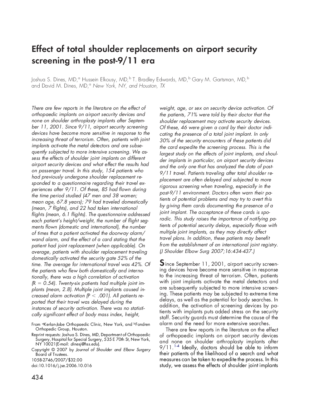 Effect of total shoulder replacements on airport security screening in the post-9/11 era