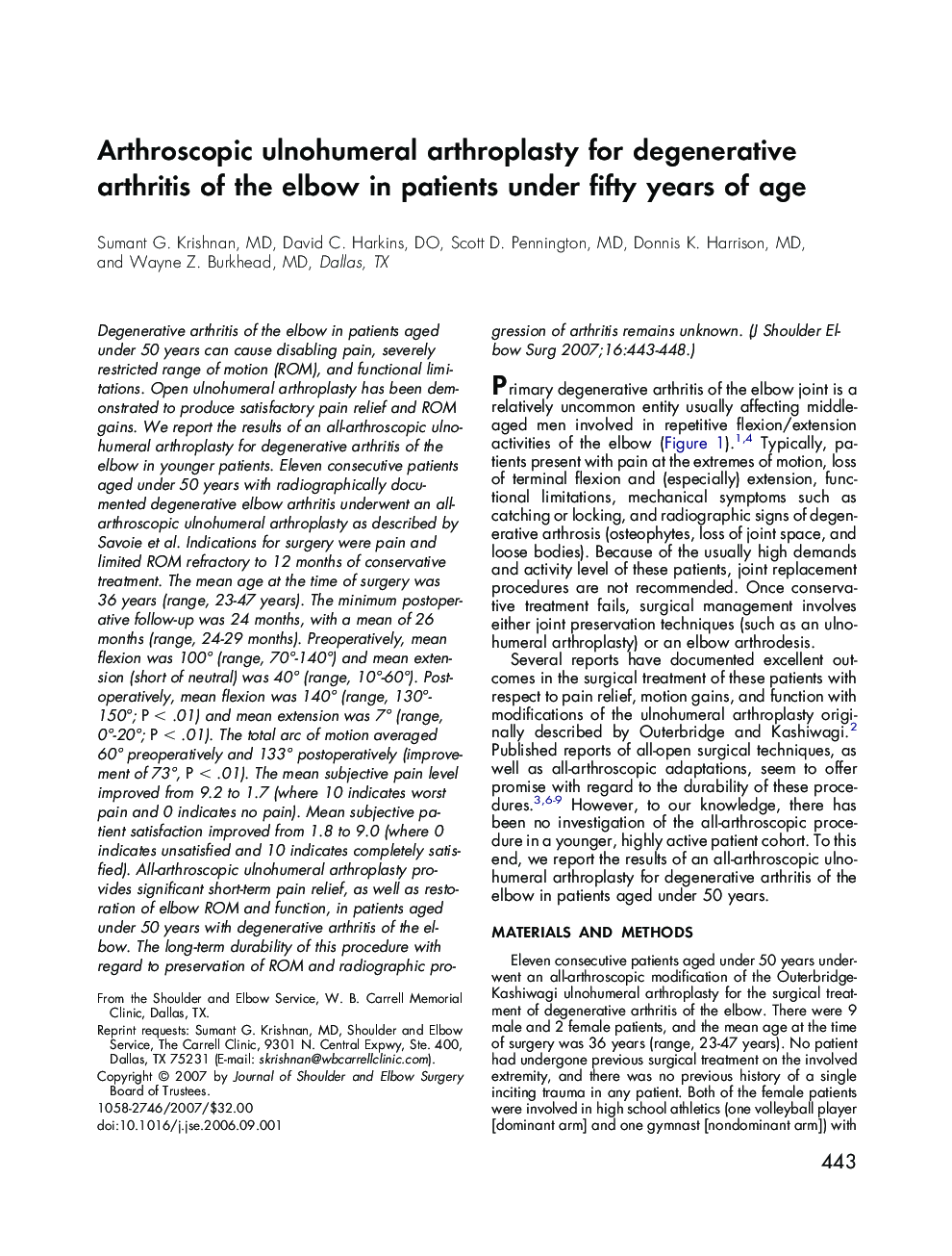 Arthroscopic ulnohumeral arthroplasty for degenerative arthritis of the elbow in patients under fifty years of age