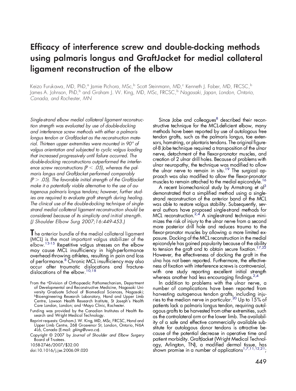 Efficacy of interference screw and double-docking methods using palmaris longus and GraftJacket for medial collateral ligament reconstruction of the elbow 