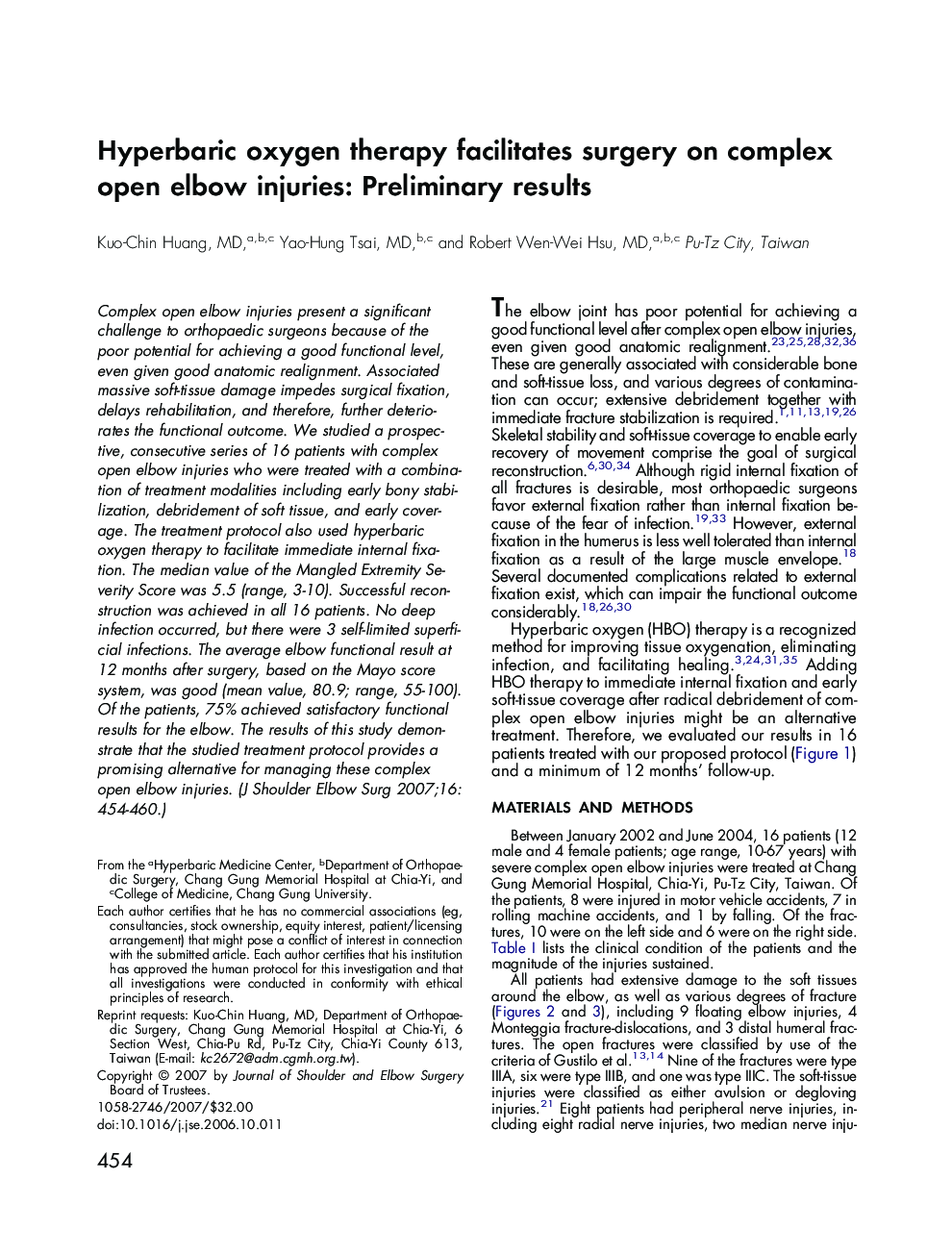 Hyperbaric oxygen therapy facilitates surgery on complex open elbow injuries: Preliminary results 