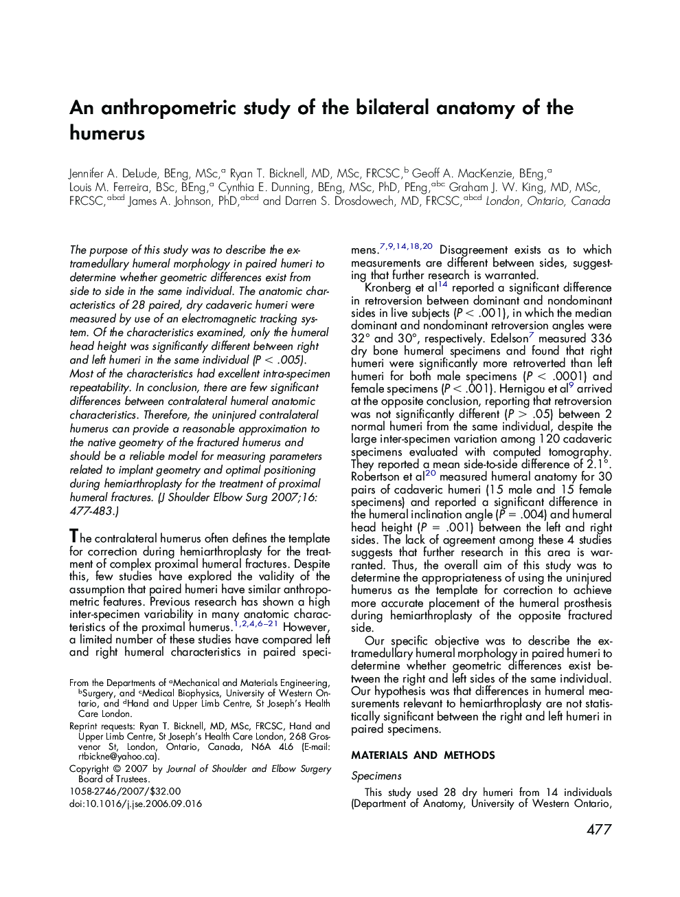 An anthropometric study of the bilateral anatomy of the humerus